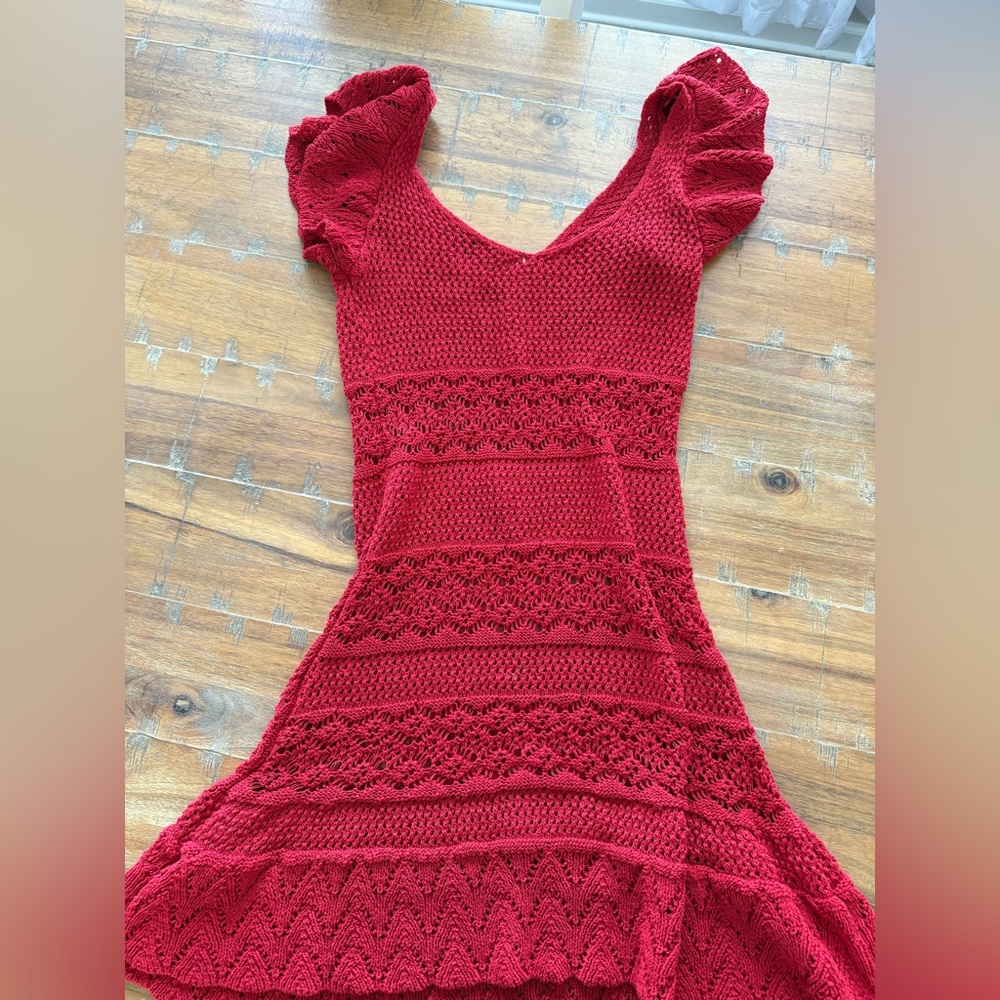 Zara Red Crochet Dress with Ruffled Sleeves
